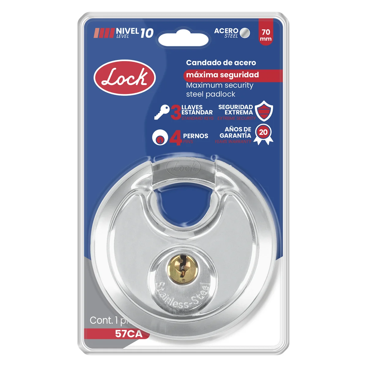 Candado de máxima seguridad tipo disco 70 mm, llave estándar lock