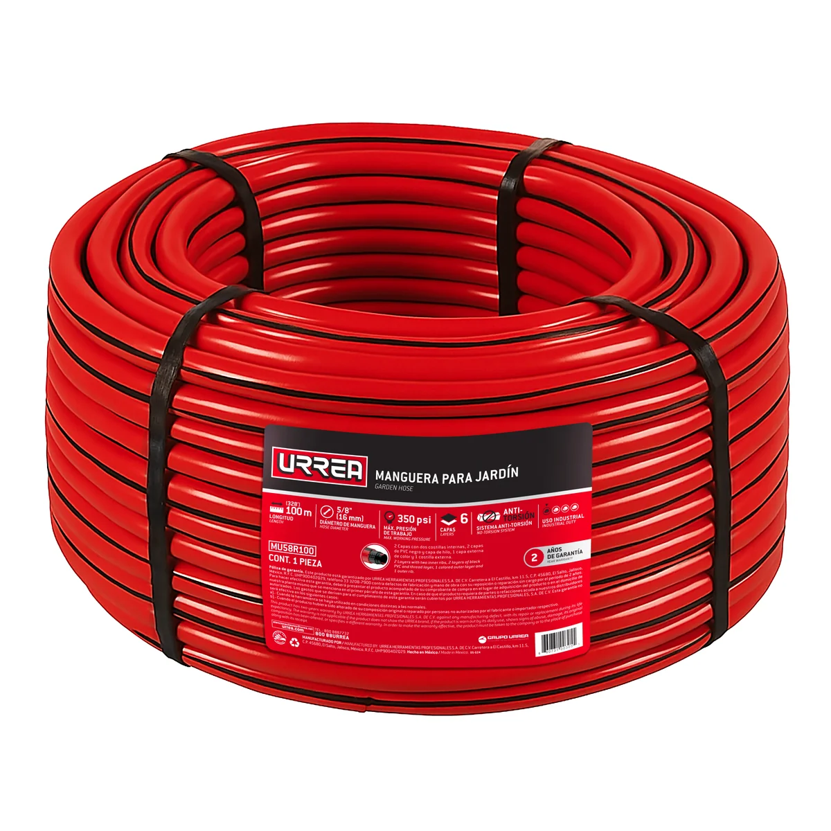 Manguera para jardín de 6 capas reforzada con conector metálico robusto 5/8", 100 m urrea