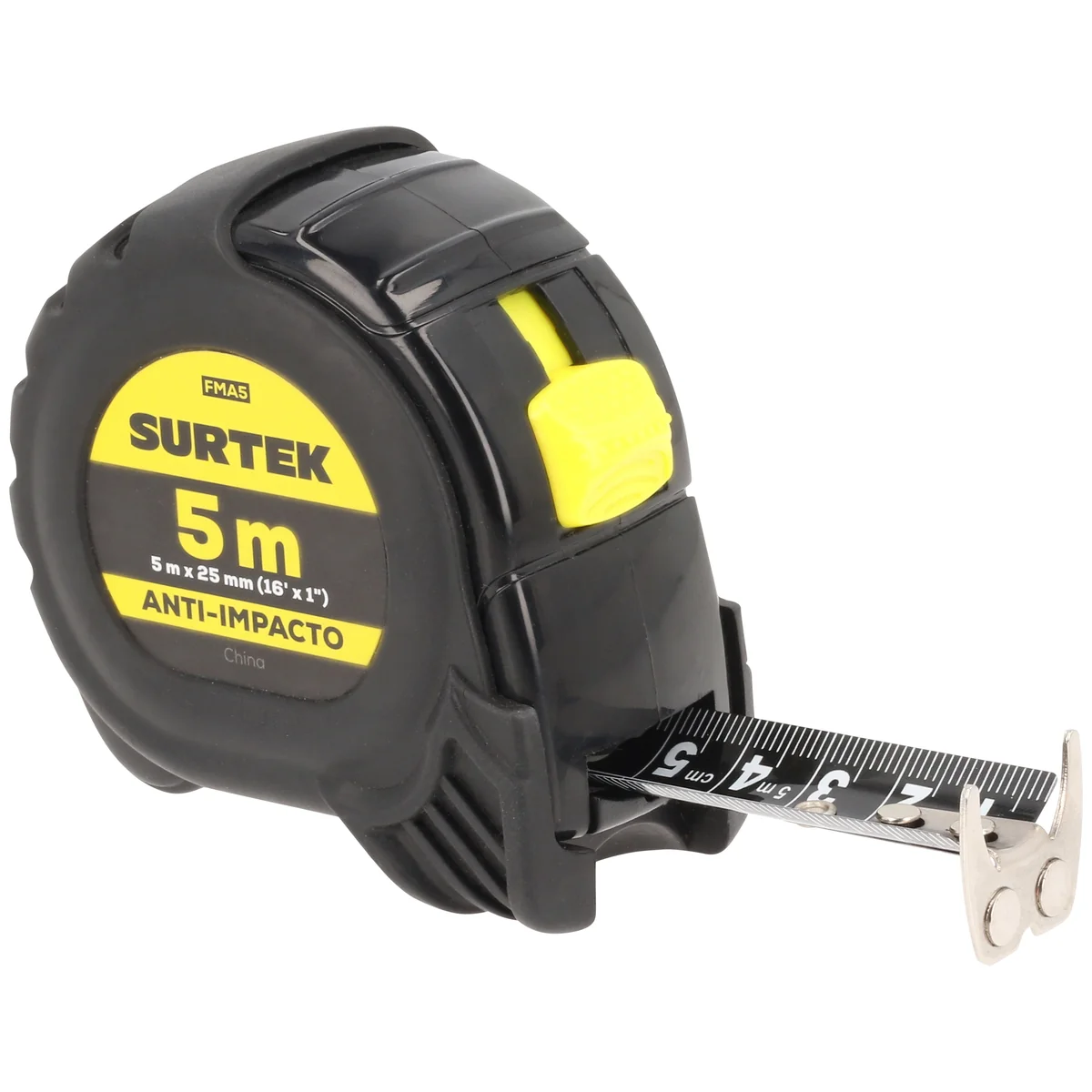 Flexómetro con carcasa anti-impacto cinta color negro 5 m x 25 mm surtek