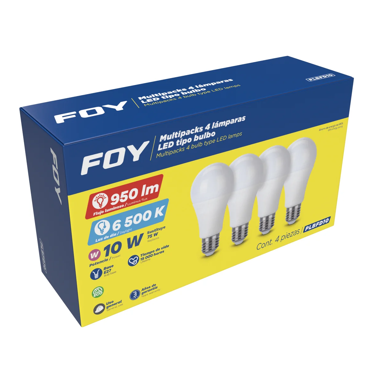 Paquete de 4 lámparas de led tipo bulbo a19, 10 w luz de día foy