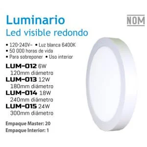 Lampara led 12 w redonda sobreponer visible