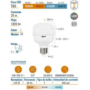 Foco led 20 w bulbo tipo t 1,800 lm luz fria 6500 k pza
