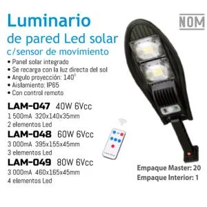 Lampara de pared led solar c/sensor de mov 2 elementos